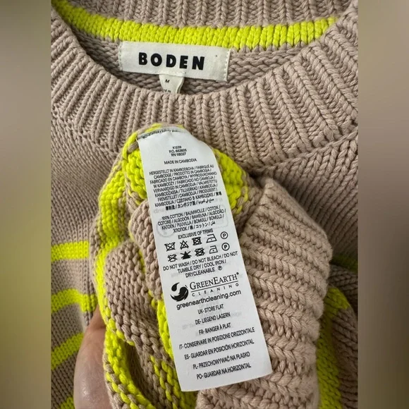 Boden Lucy chunky cotton sweater size medium camel brown neon yellow stripes - Picture 5 of 7